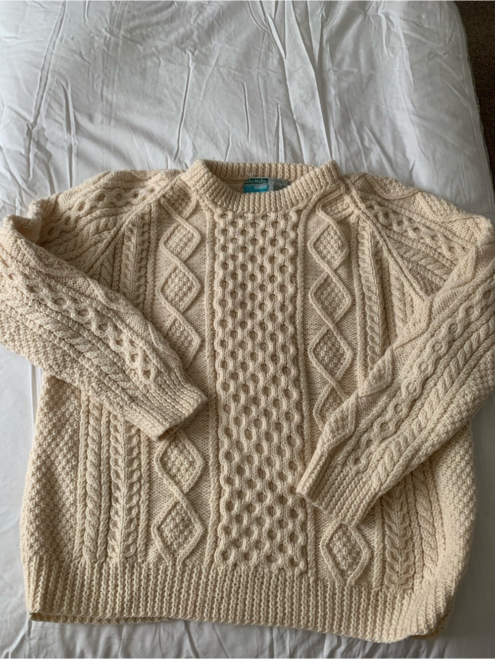John Molloy Irish Fisherman Wool Crewneck Sweater Cream Men’s L/XL Vintage